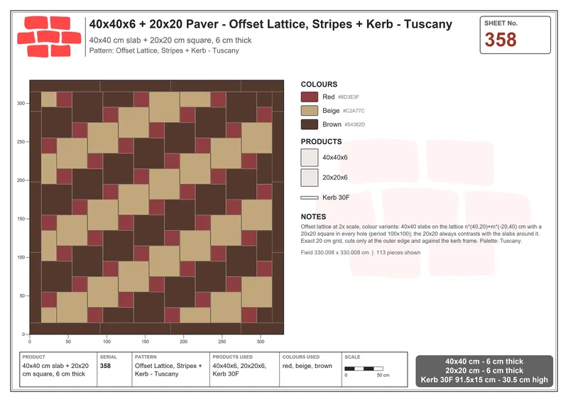 Interlock (Pasco) 40x40 cm · SQ44-358 · Offset Lattice, Stripes + Kerb - Tuscany · Laying plan Interlock (Pasco) 40x40 cm · SQ44-358 · Offset Lattice, Stripes + Kerb - Tuscany · Laying plan