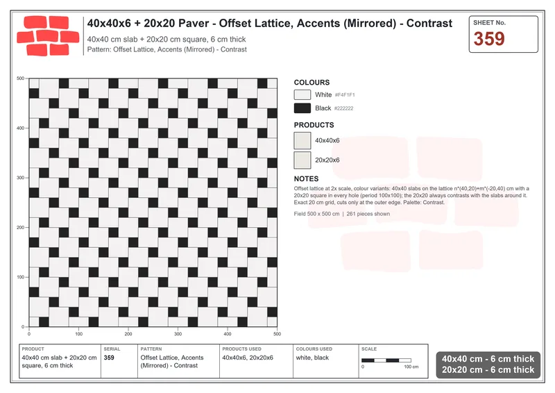 Interlock (Pasco) 40x40 cm · SQ44-359 · Offset Lattice, Accents (Mirrored) - Contrast · Laying plan Interlock (Pasco) 40x40 cm · SQ44-359 · Offset Lattice, Accents (Mirrored) - Contrast · Laying plan
