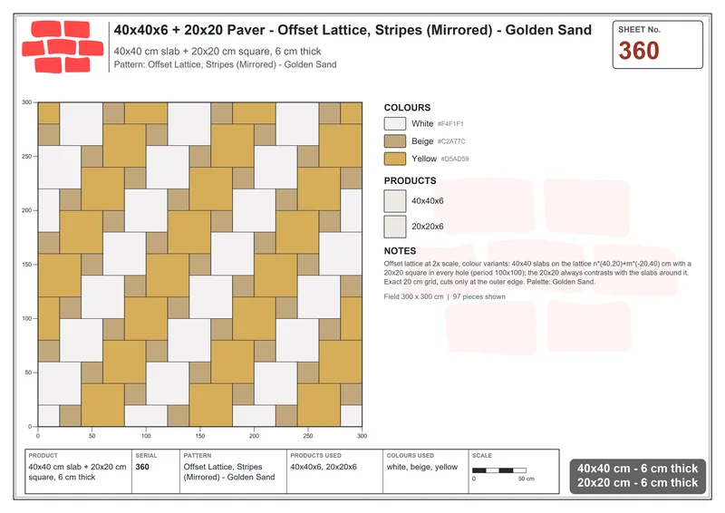 Interlock (Pasco) 40x40 cm · SQ44-360 · Offset Lattice, Stripes (Mirrored) - Golden Sand · Laying plan Interlock (Pasco) 40x40 cm · SQ44-360 · Offset Lattice, Stripes (Mirrored) - Golden Sand · Laying plan