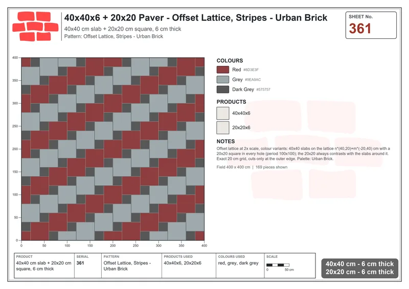 Interlock (Pasco) 40x40 cm · SQ44-361 · Offset Lattice, Stripes - Urban Brick · Laying plan Interlock (Pasco) 40x40 cm · SQ44-361 · Offset Lattice, Stripes - Urban Brick · Laying plan