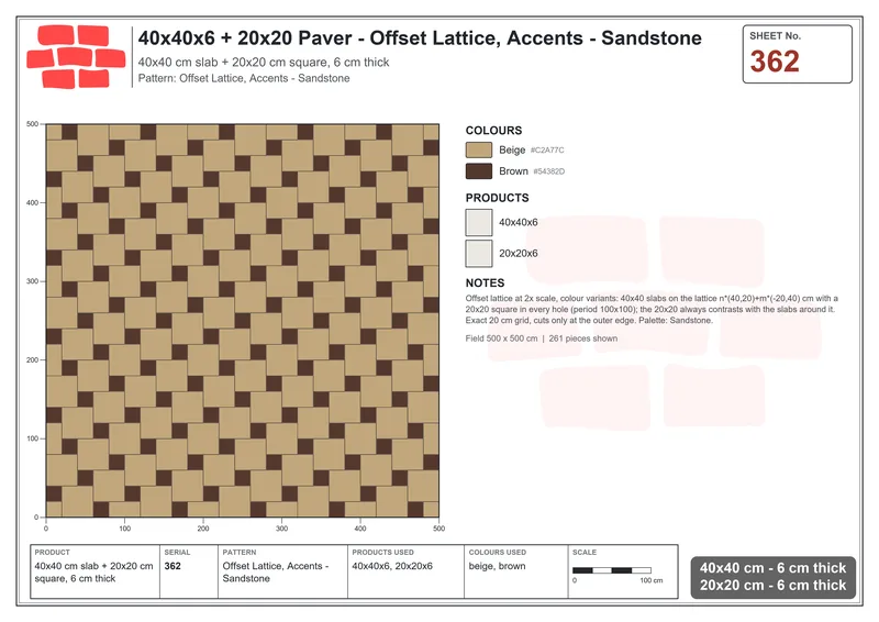 Interlock (Pasco) 40x40 cm · SQ44-362 · Offset Lattice, Accents - Sandstone · Laying plan Interlock (Pasco) 40x40 cm · SQ44-362 · Offset Lattice, Accents - Sandstone · Laying plan