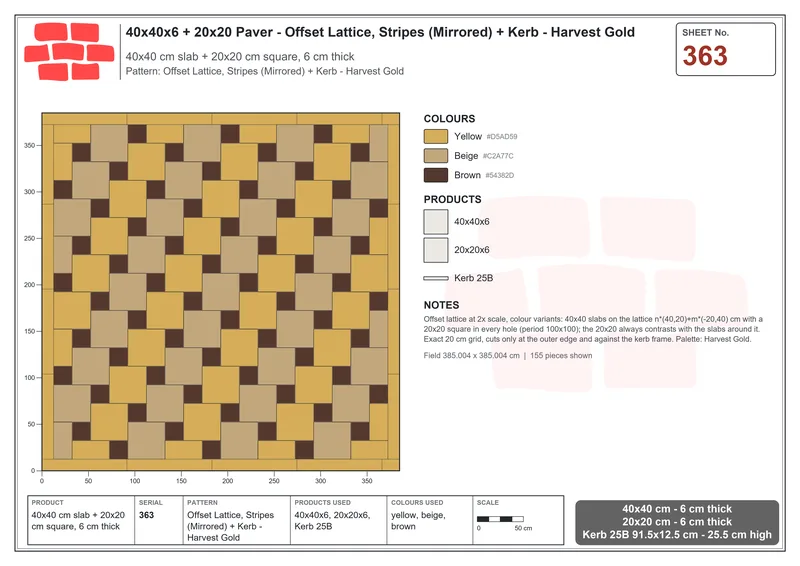 Interlock (Pasco) 40x40 cm · SQ44-363 · Offset Lattice, Stripes (Mirrored) + Kerb - Harvest Gold · Laying plan Interlock (Pasco) 40x40 cm · SQ44-363 · Offset Lattice, Stripes (Mirrored) + Kerb - Harvest Gold · Laying plan