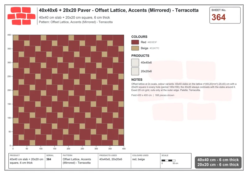 Interlock (Pasco) 40x40 cm · SQ44-364 · Offset Lattice, Accents (Mirrored) - Terracotta · Laying plan Interlock (Pasco) 40x40 cm · SQ44-364 · Offset Lattice, Accents (Mirrored) - Terracotta · Laying plan
