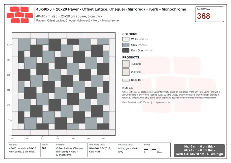 Interlock (Pasco) 40x40 cm · SQ44-368 · Offset Lattice, Chequer (Mirrored) + Kerb - Monochrome · Laying plan Interlock (Pasco) 40x40 cm · SQ44-368 · Offset Lattice, Chequer (Mirrored) + Kerb - Monochrome · Laying plan