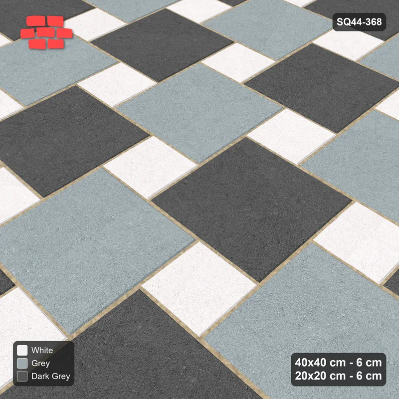 Interlock (Pasco) 40x40 cm · SQ44-368 · Offset Lattice, Chequer (Mirrored) + Kerb - Monochrome · Side view Interlock (Pasco) 40x40 cm · SQ44-368 · Offset Lattice, Chequer (Mirrored) + Kerb - Monochrome · Side view
