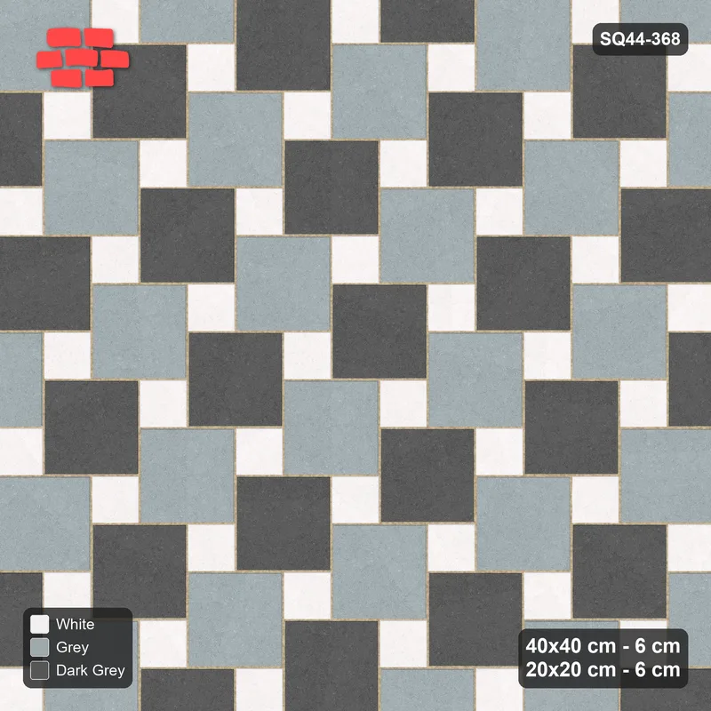 Interlock (Pasco) 40x40 cm · SQ44-368 · Offset Lattice, Chequer (Mirrored) + Kerb - Monochrome · Top view Interlock (Pasco) 40x40 cm · SQ44-368 · Offset Lattice, Chequer (Mirrored) + Kerb - Monochrome · Top view