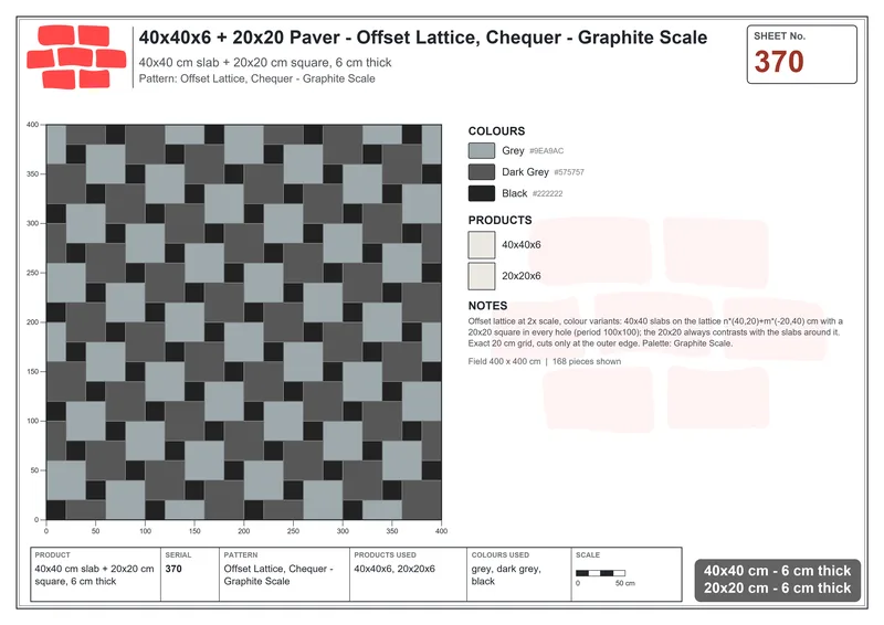 Interlock (Pasco) 40x40 cm · SQ44-370 · Offset Lattice, Chequer - Graphite Scale · Laying plan Interlock (Pasco) 40x40 cm · SQ44-370 · Offset Lattice, Chequer - Graphite Scale · Laying plan