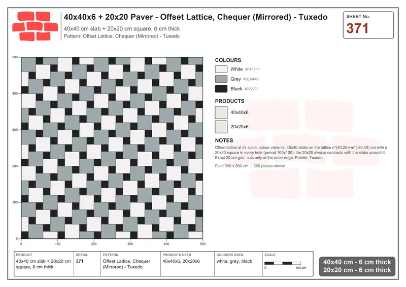 Interlock (Pasco) 40x40 cm · SQ44-371 · Offset Lattice, Chequer (Mirrored) - Tuxedo · Laying plan Interlock (Pasco) 40x40 cm · SQ44-371 · Offset Lattice, Chequer (Mirrored) - Tuxedo · Laying plan