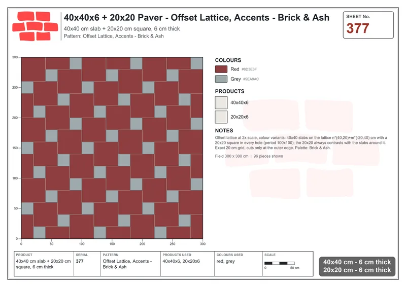 Interlock (Pasco) 40x40 cm · SQ44-377 · Offset Lattice, Accents - Brick & Ash · Laying plan Interlock (Pasco) 40x40 cm · SQ44-377 · Offset Lattice, Accents - Brick & Ash · Laying plan