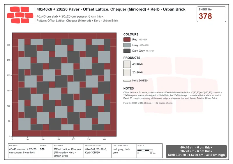 Interlock (Pasco) 40x40 cm · SQ44-378 · Offset Lattice, Chequer (Mirrored) + Kerb - Urban Brick · Laying plan Interlock (Pasco) 40x40 cm · SQ44-378 · Offset Lattice, Chequer (Mirrored) + Kerb - Urban Brick · Laying plan