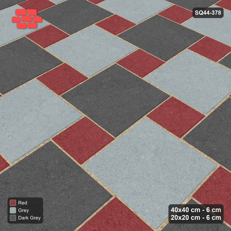 Interlock (Pasco) 40x40 cm · SQ44-378 · Offset Lattice, Chequer (Mirrored) + Kerb - Urban Brick · Side view Interlock (Pasco) 40x40 cm · SQ44-378 · Offset Lattice, Chequer (Mirrored) + Kerb - Urban Brick · Side view