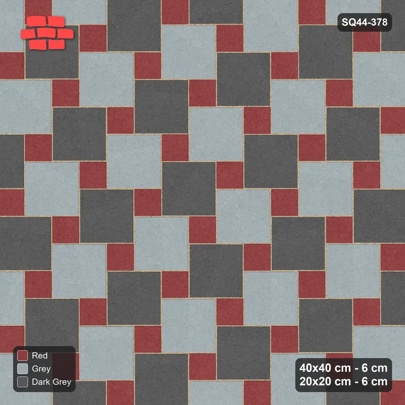 Interlock (Pasco) 40x40 cm · SQ44-378 · Offset Lattice, Chequer (Mirrored) + Kerb - Urban Brick · Top view Interlock (Pasco) 40x40 cm · SQ44-378 · Offset Lattice, Chequer (Mirrored) + Kerb - Urban Brick · Top view