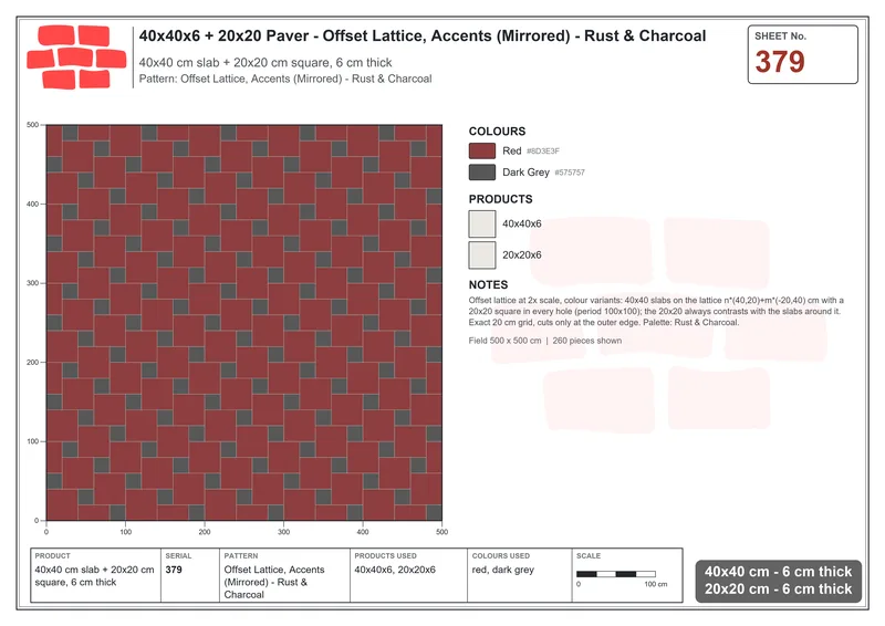 Interlock (Pasco) 40x40 cm · SQ44-379 · Offset Lattice, Accents (Mirrored) - Rust & Charcoal · Laying plan Interlock (Pasco) 40x40 cm · SQ44-379 · Offset Lattice, Accents (Mirrored) - Rust & Charcoal · Laying plan