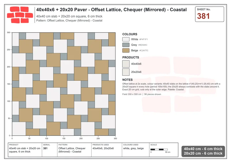 Interlock (Pasco) 40x40 cm · SQ44-381 · Offset Lattice, Chequer (Mirrored) - Coastal · Laying plan Interlock (Pasco) 40x40 cm · SQ44-381 · Offset Lattice, Chequer (Mirrored) - Coastal · Laying plan