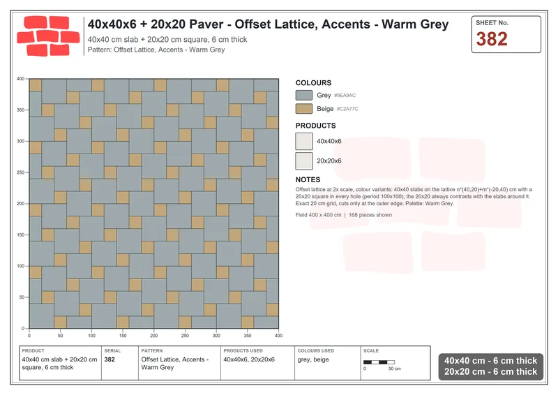 Interlock (Pasco) 40x40 cm · SQ44-382 · Offset Lattice, Accents - Warm Grey · Laying plan Interlock (Pasco) 40x40 cm · SQ44-382 · Offset Lattice, Accents - Warm Grey · Laying plan