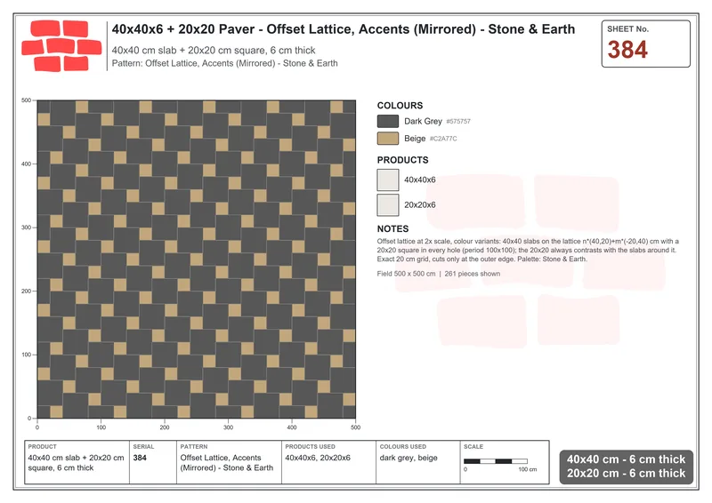 Interlock (Pasco) 40x40 cm · SQ44-384 · Offset Lattice, Accents (Mirrored) - Stone & Earth · Laying plan Interlock (Pasco) 40x40 cm · SQ44-384 · Offset Lattice, Accents (Mirrored) - Stone & Earth · Laying plan