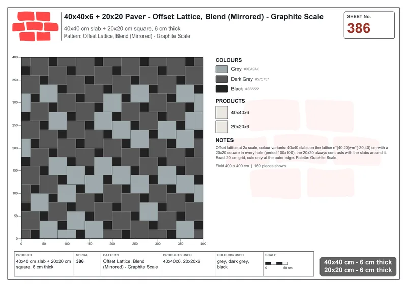 Interlock (Pasco) 40x40 cm · SQ44-386 · Offset Lattice, Blend (Mirrored) - Graphite Scale · Laying plan Interlock (Pasco) 40x40 cm · SQ44-386 · Offset Lattice, Blend (Mirrored) - Graphite Scale · Laying plan