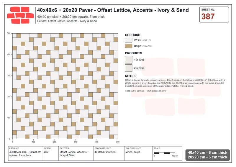 Interlock (Pasco) 40x40 cm · SQ44-387 · Offset Lattice, Accents - Ivory & Sand · Laying plan Interlock (Pasco) 40x40 cm · SQ44-387 · Offset Lattice, Accents - Ivory & Sand · Laying plan