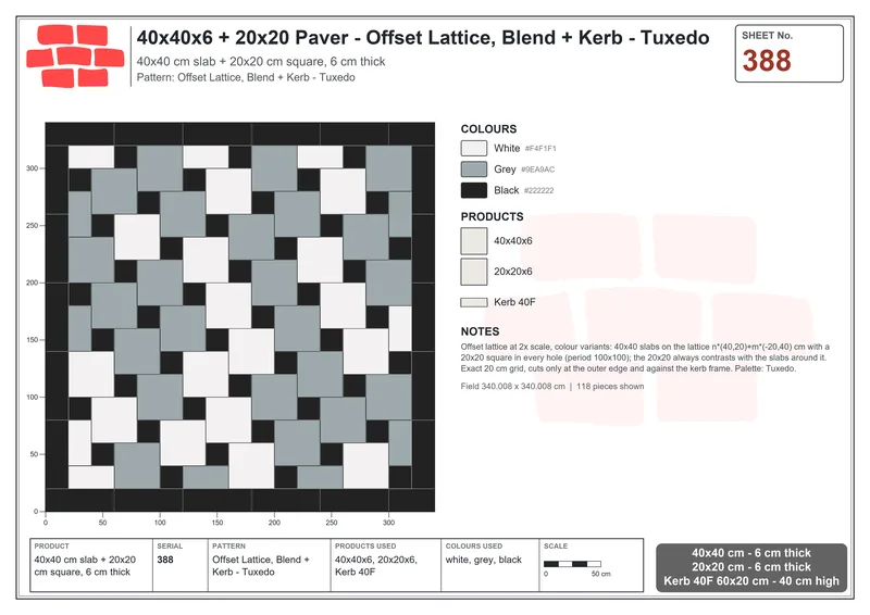 Interlock (Pasco) 40x40 cm · SQ44-388 · Offset Lattice, Blend + Kerb - Tuxedo · Laying plan Interlock (Pasco) 40x40 cm · SQ44-388 · Offset Lattice, Blend + Kerb - Tuxedo · Laying plan