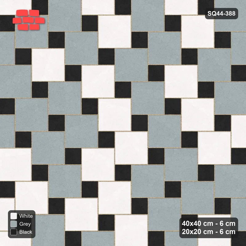 Interlock (Pasco) 40x40 cm · SQ44-388 · Offset Lattice, Blend + Kerb - Tuxedo · Top view Interlock (Pasco) 40x40 cm · SQ44-388 · Offset Lattice, Blend + Kerb - Tuxedo · Top view