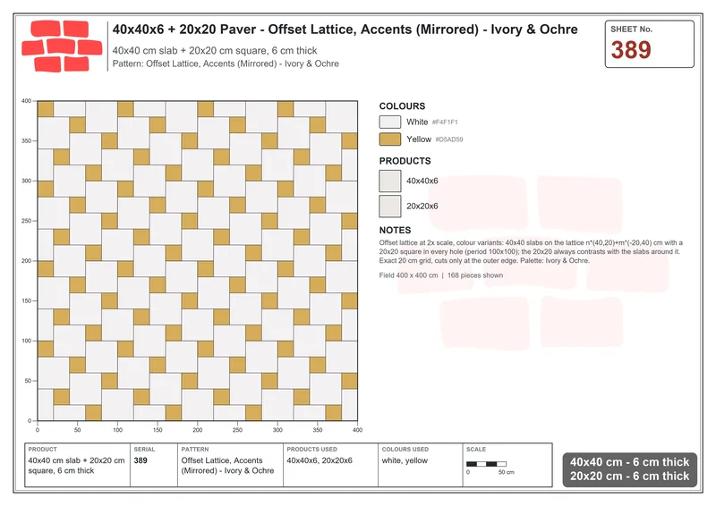 Interlock (Pasco) 40x40 cm · SQ44-389 · Offset Lattice, Accents (Mirrored) - Ivory & Ochre · Laying plan Interlock (Pasco) 40x40 cm · SQ44-389 · Offset Lattice, Accents (Mirrored) - Ivory & Ochre · Laying plan