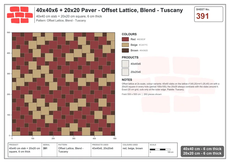 Interlock (Pasco) 40x40 cm · SQ44-391 · Offset Lattice, Blend - Tuscany · Laying plan Interlock (Pasco) 40x40 cm · SQ44-391 · Offset Lattice, Blend - Tuscany · Laying plan