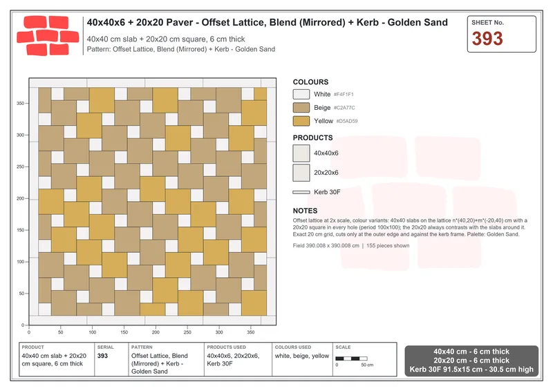 Interlock (Pasco) 40x40 cm · SQ44-393 · Offset Lattice, Blend (Mirrored) + Kerb - Golden Sand · Laying plan Interlock (Pasco) 40x40 cm · SQ44-393 · Offset Lattice, Blend (Mirrored) + Kerb - Golden Sand · Laying plan