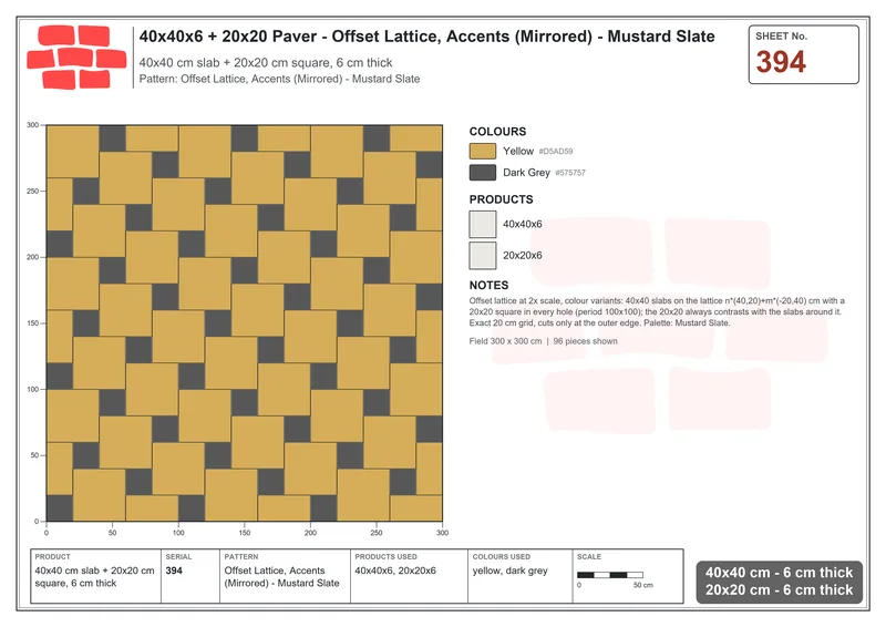Interlock (Pasco) 40x40 cm · SQ44-394 · Offset Lattice, Accents (Mirrored) - Mustard Slate · Laying plan Interlock (Pasco) 40x40 cm · SQ44-394 · Offset Lattice, Accents (Mirrored) - Mustard Slate · Laying plan