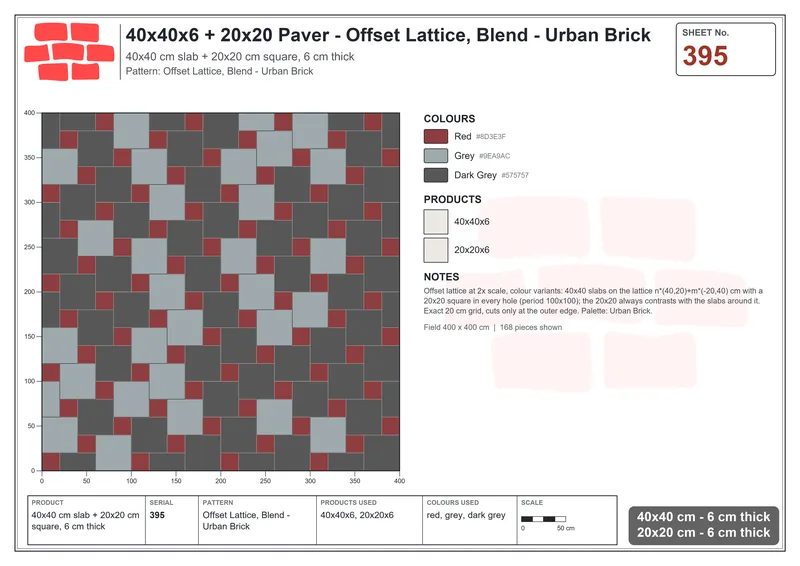 Interlock (Pasco) 40x40 cm · SQ44-395 · Offset Lattice, Blend - Urban Brick · Laying plan Interlock (Pasco) 40x40 cm · SQ44-395 · Offset Lattice, Blend - Urban Brick · Laying plan
