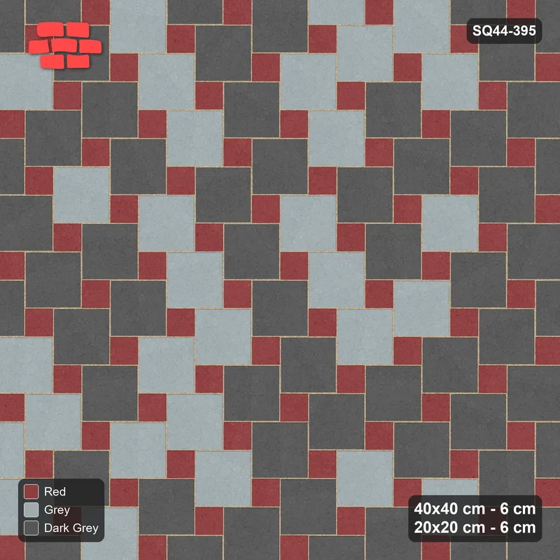 Interlock (Pasco) 40x40 cm · SQ44-395 · Offset Lattice, Blend - Urban Brick · Top view Interlock (Pasco) 40x40 cm · SQ44-395 · Offset Lattice, Blend - Urban Brick · Top view