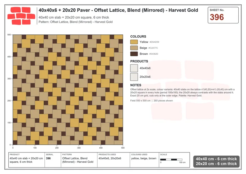 Interlock (Pasco) 40x40 cm · SQ44-396 · Offset Lattice, Blend (Mirrored) - Harvest Gold · Laying plan Interlock (Pasco) 40x40 cm · SQ44-396 · Offset Lattice, Blend (Mirrored) - Harvest Gold · Laying plan