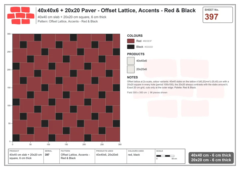 Interlock (Pasco) 40x40 cm · SQ44-397 · Offset Lattice, Accents - Red & Black · Laying plan Interlock (Pasco) 40x40 cm · SQ44-397 · Offset Lattice, Accents - Red & Black · Laying plan