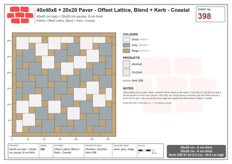Interlock (Pasco) 40x40 cm · SQ44-398 · Offset Lattice, Blend + Kerb - Coastal · Laying plan Interlock (Pasco) 40x40 cm · SQ44-398 · Offset Lattice, Blend + Kerb - Coastal · Laying plan
