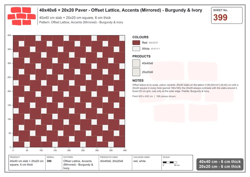 Interlock (Pasco) 40x40 cm · SQ44-399 · Offset Lattice, Accents (Mirrored) - Burgundy & Ivory · Laying plan Interlock (Pasco) 40x40 cm · SQ44-399 · Offset Lattice, Accents (Mirrored) - Burgundy & Ivory · Laying plan