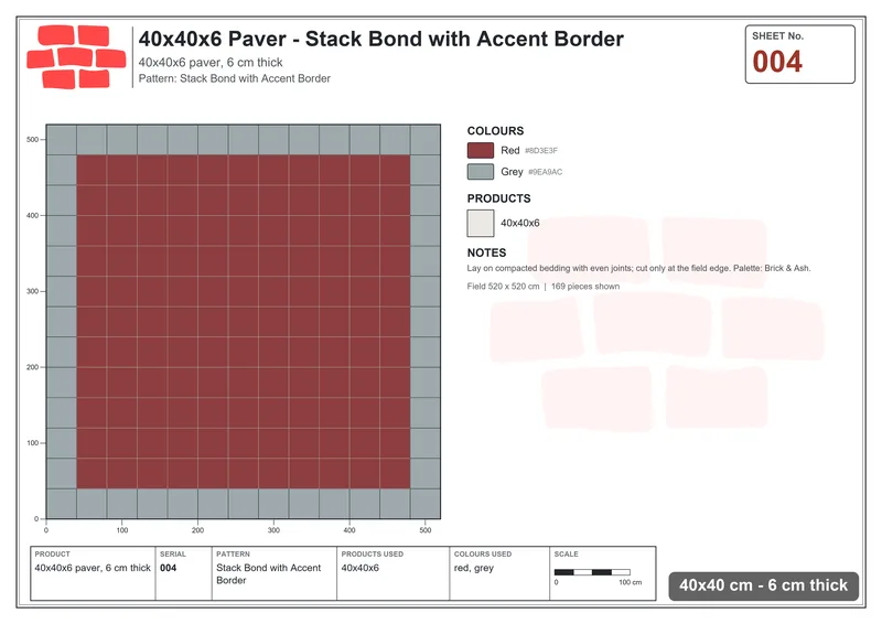Interlock (Pasco) 40x40 cm · SQ44-4 · Stack Bond with Accent Border · Laying plan Interlock (Pasco) 40x40 cm · SQ44-4 · Stack Bond with Accent Border · Laying plan