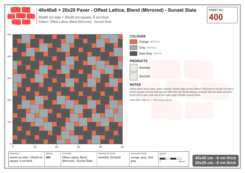 Interlock (Pasco) 40x40 cm · SQ44-400 · Offset Lattice, Blend (Mirrored) - Sunset Slate · Laying plan Interlock (Pasco) 40x40 cm · SQ44-400 · Offset Lattice, Blend (Mirrored) - Sunset Slate · Laying plan