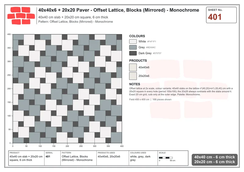 Interlock (Pasco) 40x40 cm · SQ44-401 · Offset Lattice, Blocks (Mirrored) - Monochrome · Laying plan Interlock (Pasco) 40x40 cm · SQ44-401 · Offset Lattice, Blocks (Mirrored) - Monochrome · Laying plan