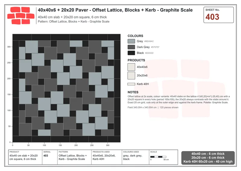 Interlock (Pasco) 40x40 cm · SQ44-403 · Offset Lattice, Blocks + Kerb - Graphite Scale · Laying plan Interlock (Pasco) 40x40 cm · SQ44-403 · Offset Lattice, Blocks + Kerb - Graphite Scale · Laying plan