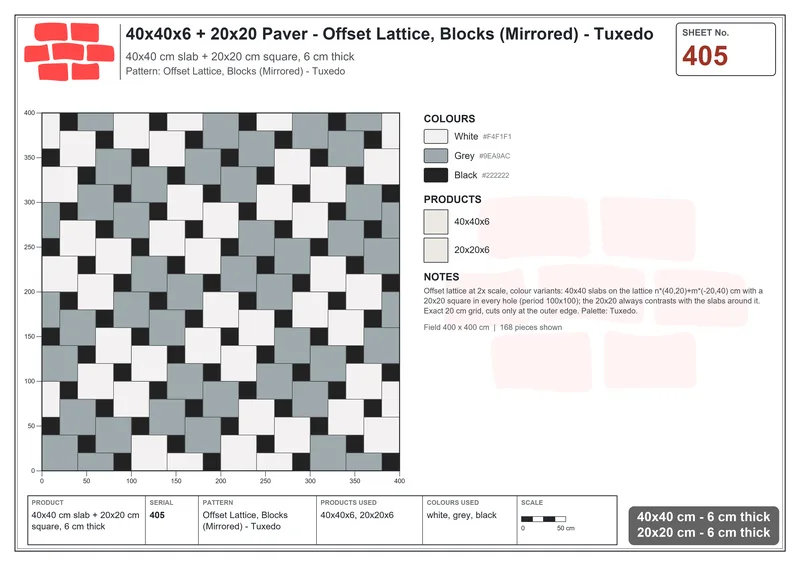 Interlock (Pasco) 40x40 cm · SQ44-405 · Offset Lattice, Blocks (Mirrored) - Tuxedo · Laying plan Interlock (Pasco) 40x40 cm · SQ44-405 · Offset Lattice, Blocks (Mirrored) - Tuxedo · Laying plan