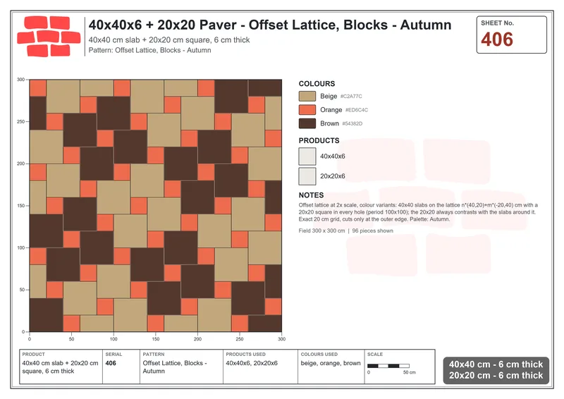 Interlock (Pasco) 40x40 cm · SQ44-406 · Offset Lattice, Blocks - Autumn · Laying plan Interlock (Pasco) 40x40 cm · SQ44-406 · Offset Lattice, Blocks - Autumn · Laying plan
