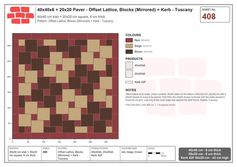 Interlock (Pasco) 40x40 cm · SQ44-408 · Offset Lattice, Blocks (Mirrored) + Kerb - Tuscany · Laying plan Interlock (Pasco) 40x40 cm · SQ44-408 · Offset Lattice, Blocks (Mirrored) + Kerb - Tuscany · Laying plan