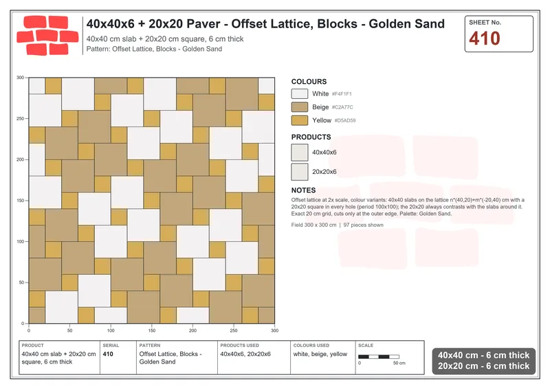 Interlock (Pasco) 40x40 cm · SQ44-410 · Offset Lattice, Blocks - Golden Sand · Laying plan Interlock (Pasco) 40x40 cm · SQ44-410 · Offset Lattice, Blocks - Golden Sand · Laying plan