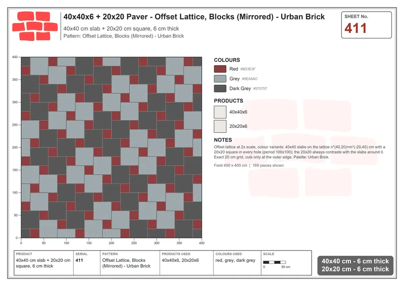 Interlock (Pasco) 40x40 cm · SQ44-411 · Offset Lattice, Blocks (Mirrored) - Urban Brick · Laying plan Interlock (Pasco) 40x40 cm · SQ44-411 · Offset Lattice, Blocks (Mirrored) - Urban Brick · Laying plan