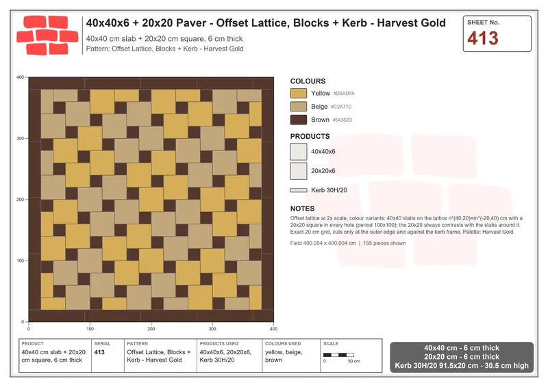 Interlock (Pasco) 40x40 cm · SQ44-413 · Offset Lattice, Blocks + Kerb - Harvest Gold · Laying plan Interlock (Pasco) 40x40 cm · SQ44-413 · Offset Lattice, Blocks + Kerb - Harvest Gold · Laying plan
