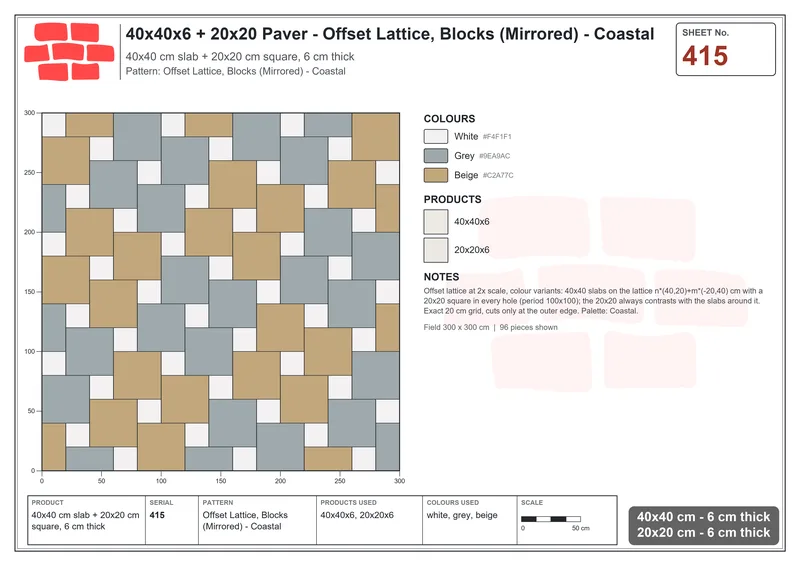 Interlock (Pasco) 40x40 cm · SQ44-415 · Offset Lattice, Blocks (Mirrored) - Coastal · Laying plan Interlock (Pasco) 40x40 cm · SQ44-415 · Offset Lattice, Blocks (Mirrored) - Coastal · Laying plan
