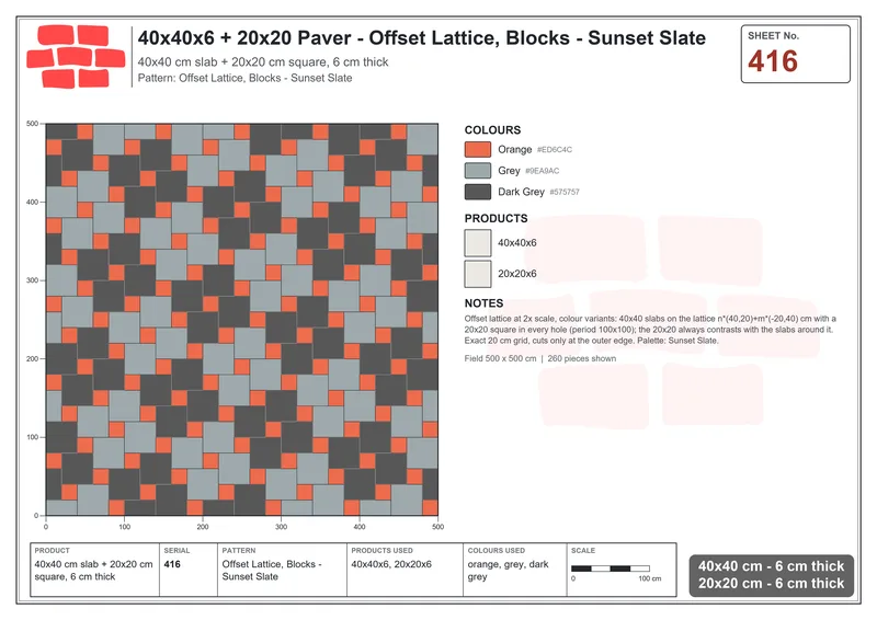 Interlock (Pasco) 40x40 cm · SQ44-416 · Offset Lattice, Blocks - Sunset Slate · Laying plan Interlock (Pasco) 40x40 cm · SQ44-416 · Offset Lattice, Blocks - Sunset Slate · Laying plan