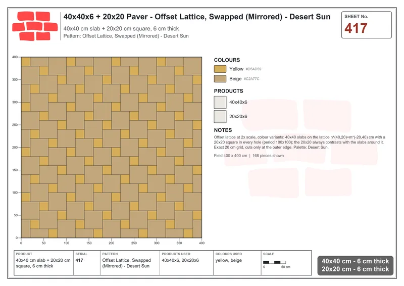 Interlock (Pasco) 40x40 cm · SQ44-417 · Offset Lattice, Swapped (Mirrored) - Desert Sun · Laying plan Interlock (Pasco) 40x40 cm · SQ44-417 · Offset Lattice, Swapped (Mirrored) - Desert Sun · Laying plan