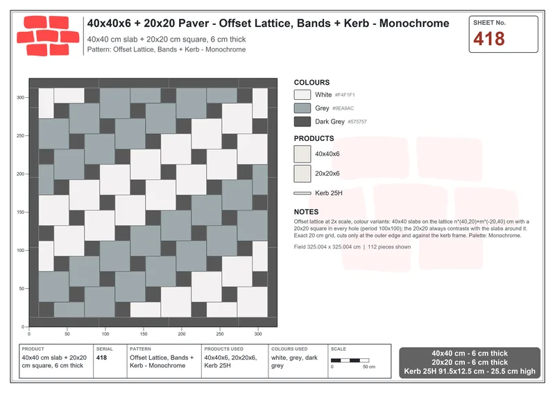 Interlock (Pasco) 40x40 cm · SQ44-418 · Offset Lattice, Bands + Kerb - Monochrome · Laying plan Interlock (Pasco) 40x40 cm · SQ44-418 · Offset Lattice, Bands + Kerb - Monochrome · Laying plan