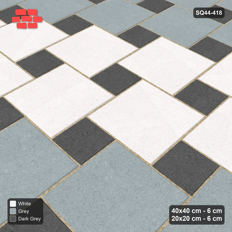 Interlock (Pasco) 40x40 cm · SQ44-418 · Offset Lattice, Bands + Kerb - Monochrome · Side view Interlock (Pasco) 40x40 cm · SQ44-418 · Offset Lattice, Bands + Kerb - Monochrome · Side view