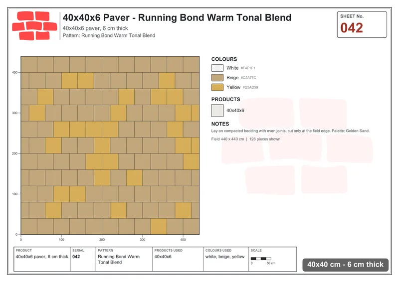 Interlock (Pasco) 40x40 cm · SQ44-42 · Running Bond Warm Tonal Blend · Laying plan Interlock (Pasco) 40x40 cm · SQ44-42 · Running Bond Warm Tonal Blend · Laying plan